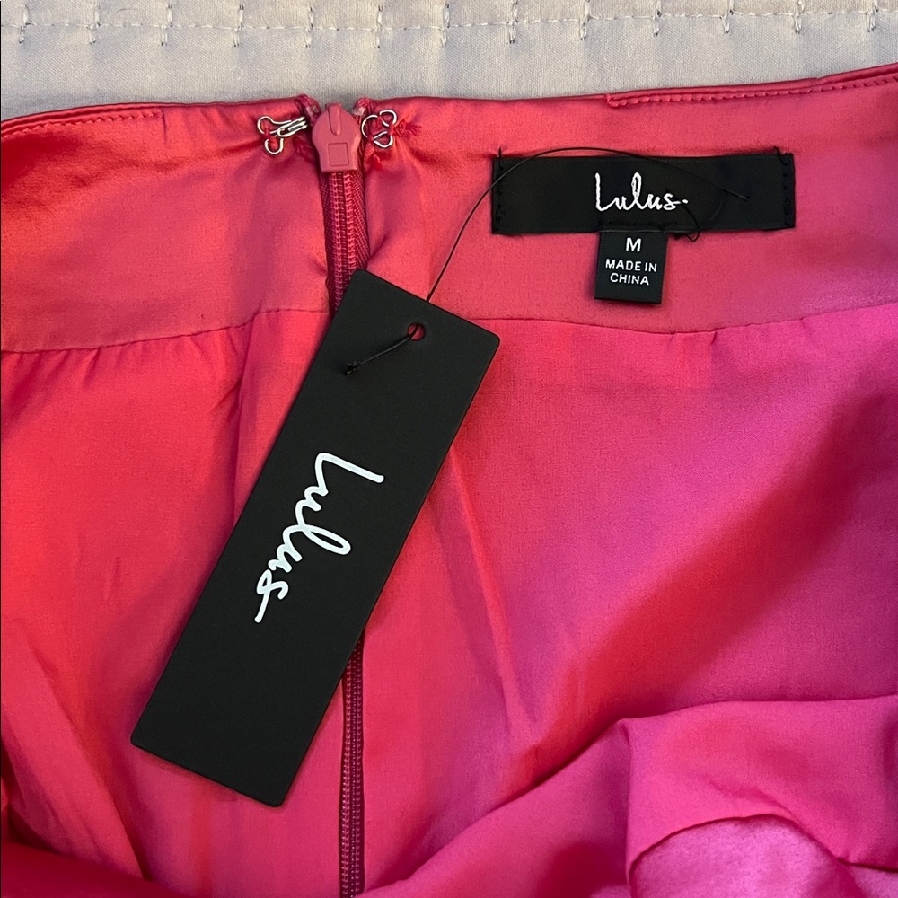 Lulus Celebration Charisma Magenta Satin Faux-wrap Fringe Mini Skirt Pink - Picture 3 of 5